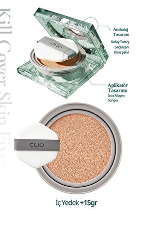 Gün Boyu Kalıcı Mat Cushion Fondöten CLIO Kill Cover Skin Fixer Cushion (17C Fair) SPF50+ PA+++