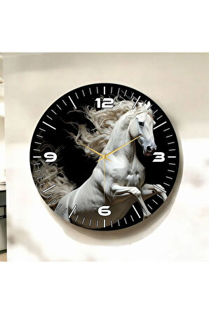 Beyaz At Siyah Renkli Baskı Hayvan Desenli Sayılı Hediyelik Ahşap Sessiz Duvar Saati 50cm