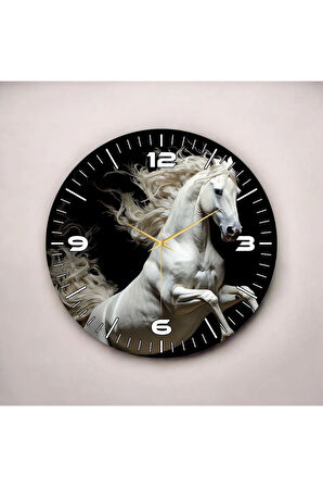 Beyaz At Siyah Renkli Baskı Hayvan Desenli Sayılı Hediyelik Ahşap Sessiz Duvar Saati 50cm