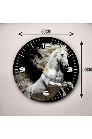 Beyaz At Siyah Renkli Baskı Hayvan Desenli Sayılı Hediyelik Ahşap Sessiz Duvar Saati 50cm