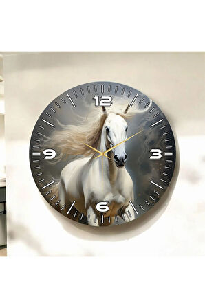 Renkli Baskı At Desenli Sayılı Hediyelik Ahşap Sessiz Duvar Saati 50cm