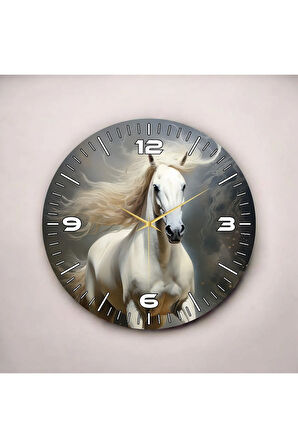 Renkli Baskı At Desenli Sayılı Hediyelik Ahşap Sessiz Duvar Saati 50cm