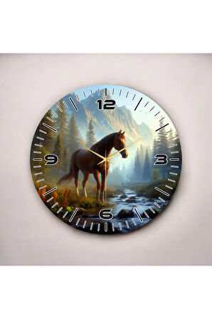 At ve Manzara Fotoğraflı Renkli Baskı Desenli Sayılı Hediyelik Ahşap Sessiz Duvar Saati 50cm
