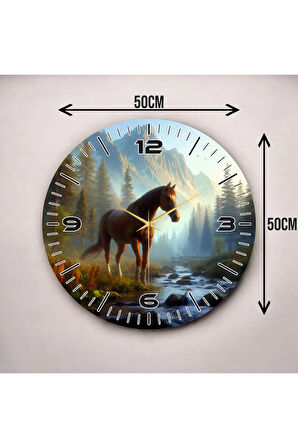 At ve Manzara Fotoğraflı Renkli Baskı Desenli Sayılı Hediyelik Ahşap Sessiz Duvar Saati 50cm