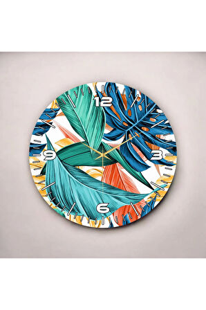 Renkli Baskı Yaprak Çiçek Desenli Sayılı Hediyelik Ahşap Sessiz Duvar Saati 50cm