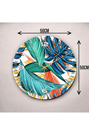 Renkli Baskı Yaprak Çiçek Desenli Sayılı Hediyelik Ahşap Sessiz Duvar Saati 50cm