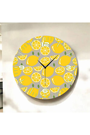 Sarı Renkli Baskı Limon Desenli Sayılı Hediyelik Ahşap Sessiz Duvar Saati 50cm