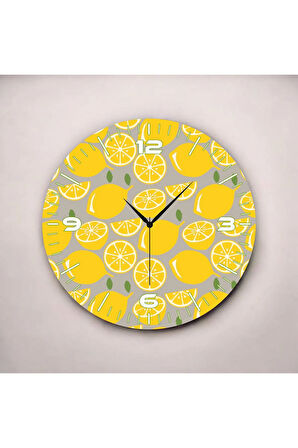 Sarı Renkli Baskı Limon Desenli Sayılı Hediyelik Ahşap Sessiz Duvar Saati 50cm