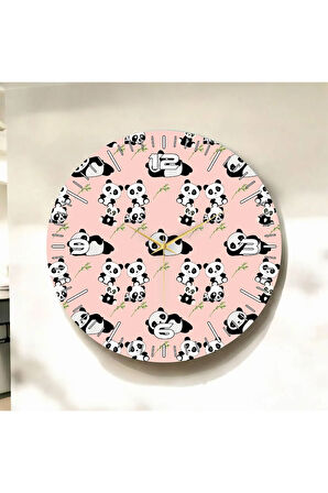 Pembe Renkli Baskı Panda Desenli Sayılı Hediyelik Ahşap Sessiz Duvar Saati 50cm