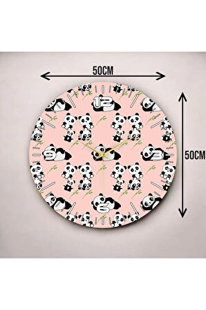 Pembe Renkli Baskı Panda Desenli Sayılı Hediyelik Ahşap Sessiz Duvar Saati 50cm