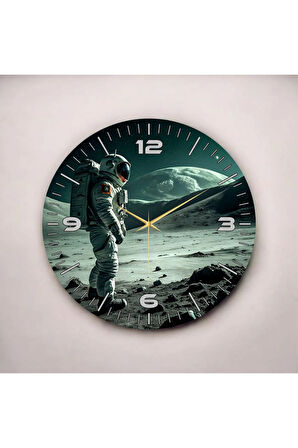 Renkli Baskı Ay ve Astronot Desenli Sayılı Hediyelik Ahşap Sessiz Duvar Saati 50cm