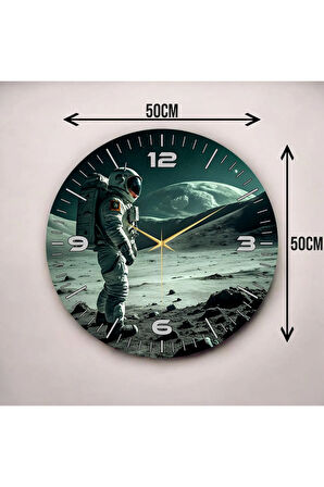 Renkli Baskı Ay ve Astronot Desenli Sayılı Hediyelik Ahşap Sessiz Duvar Saati 50cm