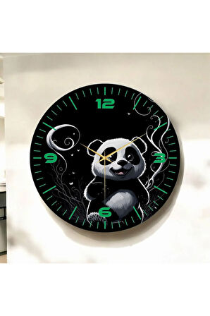 Renkli Baskı Panda Desenli Sayılı Hediyelik Ahşap Sessiz Duvar Saati 50cm