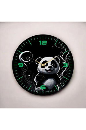 Renkli Baskı Panda Desenli Sayılı Hediyelik Ahşap Sessiz Duvar Saati 50cm