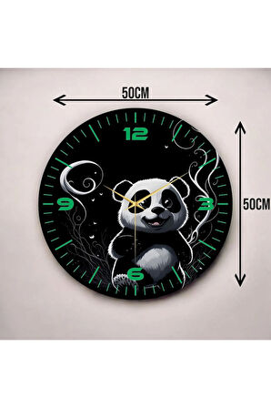 Renkli Baskı Panda Desenli Sayılı Hediyelik Ahşap Sessiz Duvar Saati 50cm