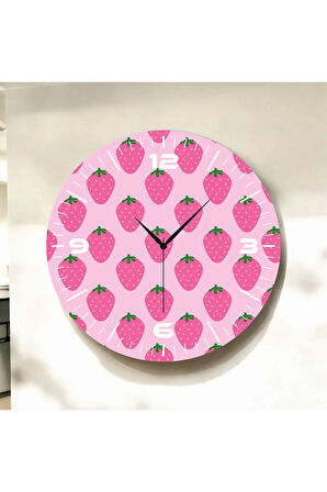 Pembe Renkli Baskı Çilek Desenli Sayılı Hediyelik Ahşap Sessiz Duvar Saati 50cm