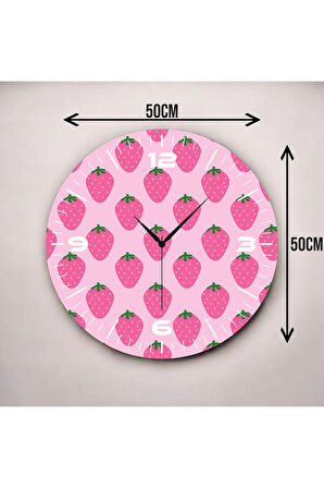 Pembe Renkli Baskı Çilek Desenli Sayılı Hediyelik Ahşap Sessiz Duvar Saati 50cm