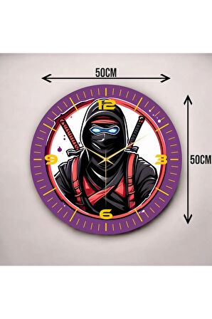 Renkli Baskı Gamer Oyuncu Ninja Desenli Sayılı Hediyelik Ahşap Sessiz Duvar Saati 50cm