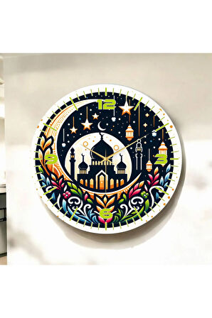 Renkli Baskı Dini Desenli Sayılı Hediyelik Ahşap Sessiz Duvar Saati 50cm