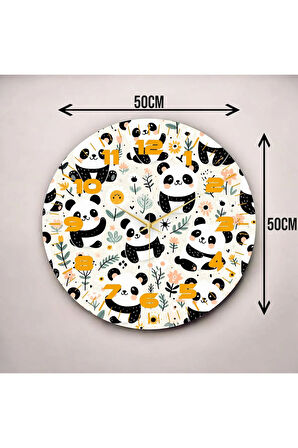 Renkli Baskı Panda Çocuk Desenli Sayılı Hediyelik Ahşap Sessiz Duvar Saati 50cm