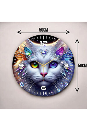 Renkli Baskı Kedi Çocuk Desenli Sayılı Hediyelik Ahşap Sessiz Duvar Saati 50cm