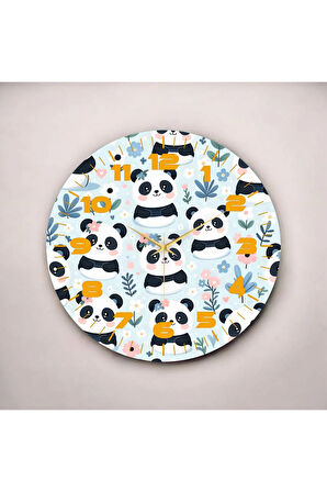 Renkli Baskı Panda Çocuk Desenli Sayılı Hediyelik Ahşap Sessiz Duvar Saati 50cm