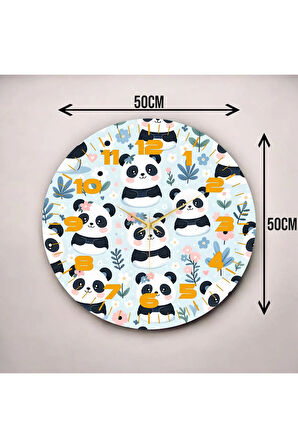 Renkli Baskı Panda Çocuk Desenli Sayılı Hediyelik Ahşap Sessiz Duvar Saati 50cm