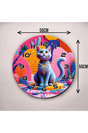 Çizgi Kedi Tasarımlı Renkli Baskı Desenli Sayılı Hediyelik Ahşap Sessiz Duvar Saati 50cm