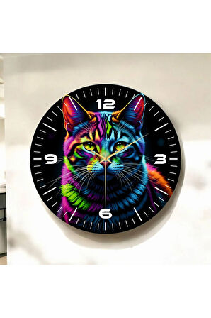 Kedi Fotoğraflı Neon Renkli Baskı Desenli Sayılı Hediyelik Ahşap Sessiz Duvar Saati 50cm