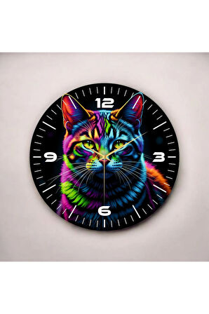 Kedi Fotoğraflı Neon Renkli Baskı Desenli Sayılı Hediyelik Ahşap Sessiz Duvar Saati 50cm