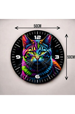 Kedi Fotoğraflı Neon Renkli Baskı Desenli Sayılı Hediyelik Ahşap Sessiz Duvar Saati 50cm