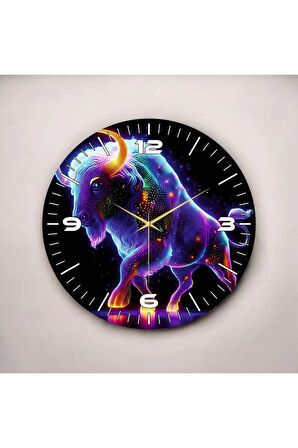 Neon Boğa Renkli Baskı Desenli Sayılı Hediyelik Ahşap Sessiz Duvar Saati 50cm