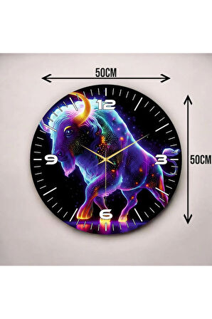 Neon Boğa Renkli Baskı Desenli Sayılı Hediyelik Ahşap Sessiz Duvar Saati 50cm