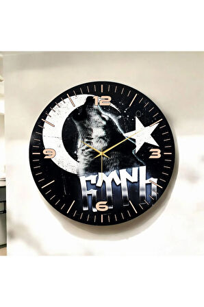 Renkli Baskı Bozkurt Türk Bayrağı Desenli Sayılı Hediyelik Ahşap Sessiz Duvar Saati 50cm