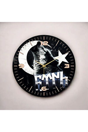 Renkli Baskı Bozkurt Türk Bayrağı Desenli Sayılı Hediyelik Ahşap Sessiz Duvar Saati 50cm