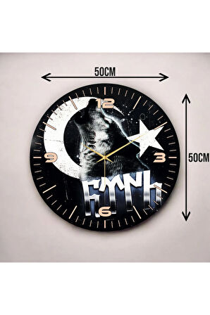 Renkli Baskı Bozkurt Türk Bayrağı Desenli Sayılı Hediyelik Ahşap Sessiz Duvar Saati 50cm