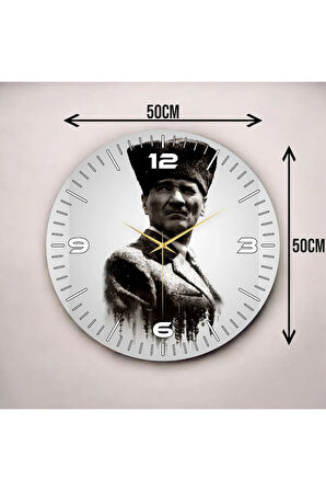 Siyah Beyaz Renkli Baskı Atatürk Portre Desenli Sayılı Hediyelik Ahşap Sessiz Duvar Saati 50cm
