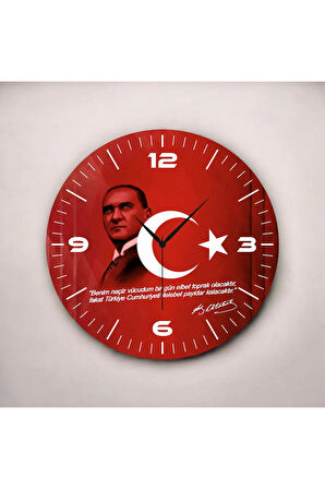 Renkli Baskı Atatürk Bayrak Desenli Sayılı Hediyelik Ahşap Sessiz Duvar Saati 50cm