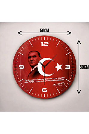 Renkli Baskı Atatürk Bayrak Desenli Sayılı Hediyelik Ahşap Sessiz Duvar Saati 50cm