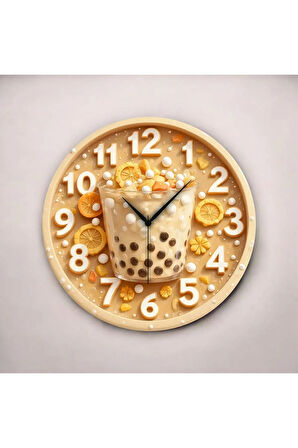 Bubble Tea Kabartma Görünümlü Renkli Baskı Desenli Sayılı Hediyelik Ahşap Sessiz Duvar Saati 50cm