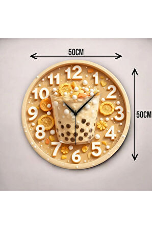 Bubble Tea Kabartma Görünümlü Renkli Baskı Desenli Sayılı Hediyelik Ahşap Sessiz Duvar Saati 50cm
