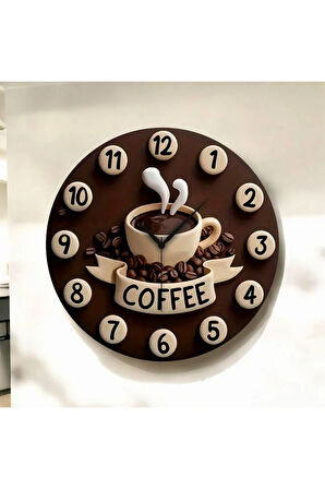 Kabartma Görünümlü Kahve Coffee Renkli Baskı Desenli Sayılı Hediyelik Ahşap Sessiz Duvar Saati 50cm