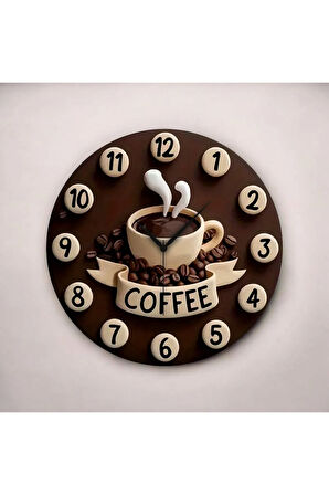 Kabartma Görünümlü Kahve Coffee Renkli Baskı Desenli Sayılı Hediyelik Ahşap Sessiz Duvar Saati 50cm