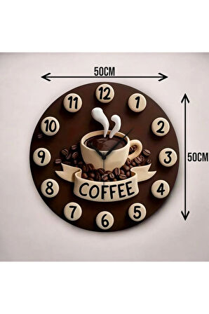 Kabartma Görünümlü Kahve Coffee Renkli Baskı Desenli Sayılı Hediyelik Ahşap Sessiz Duvar Saati 50cm