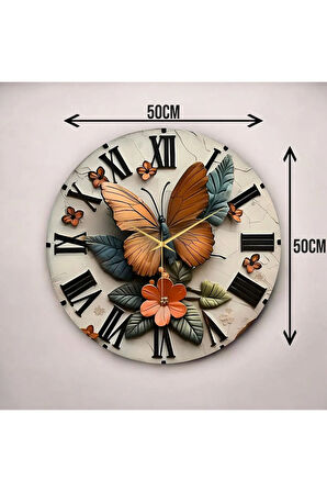 Renkli Baskı Kelebek Yaprak Desenli Sayılı Hediyelik Ahşap Sessiz Duvar Saati 50cm