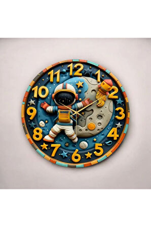 Renkli Baskı Astronot Uzay Çocuk Desenli Sayılı Hediyelik Ahşap Sessiz Duvar Saati 50cm
