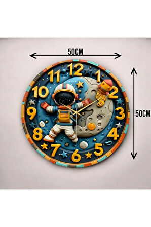 Renkli Baskı Astronot Uzay Çocuk Desenli Sayılı Hediyelik Ahşap Sessiz Duvar Saati 50cm