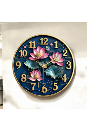 Renkli Baskı Çiçek Doğa Desenli Sayılı Hediyelik Ahşap Sessiz Duvar Saati 50cm
