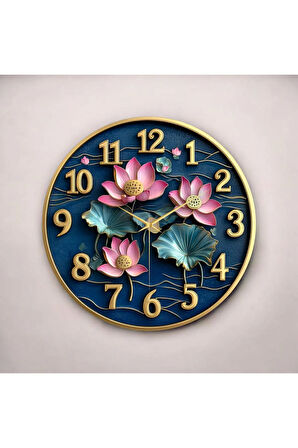 Renkli Baskı Çiçek Doğa Desenli Sayılı Hediyelik Ahşap Sessiz Duvar Saati 50cm