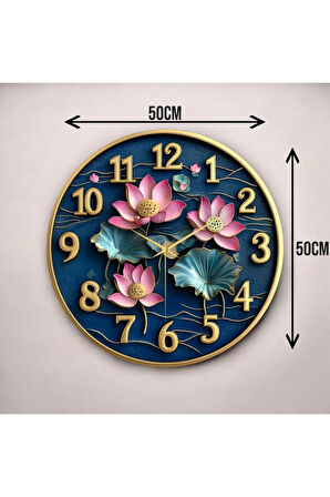 Renkli Baskı Çiçek Doğa Desenli Sayılı Hediyelik Ahşap Sessiz Duvar Saati 50cm